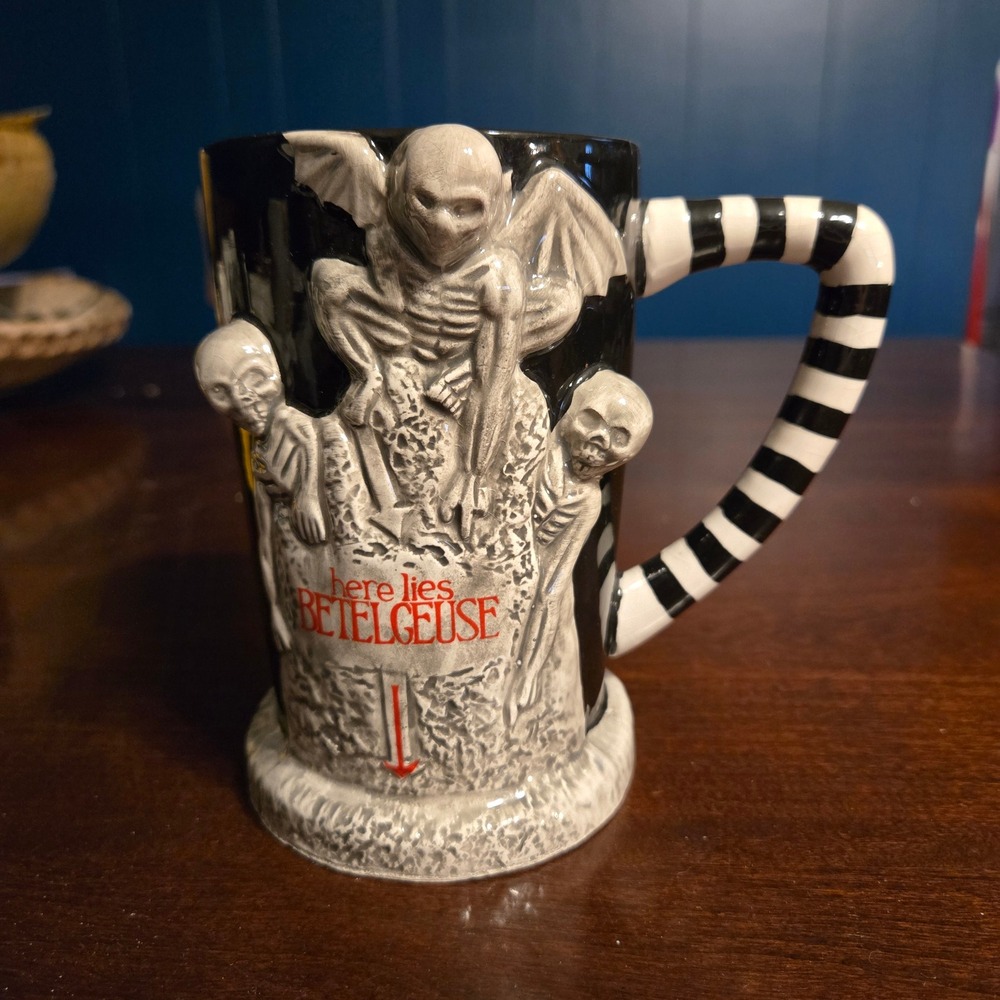 Silver Buffalo Beetlejuice 3D Sculpted Tombstone Mug 20oz Black White Striped 6"